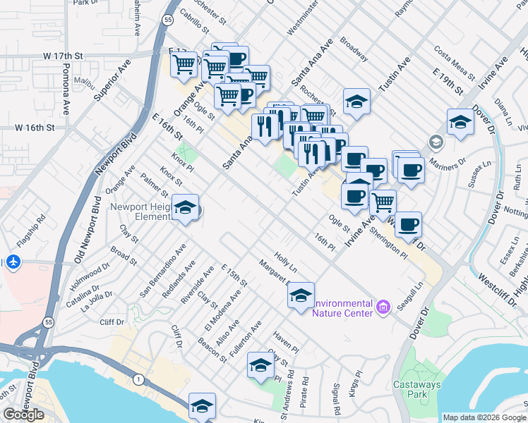 map of restaurants, bars, coffee shops, grocery stores, and more near 1596 Riverside Place in Costa Mesa