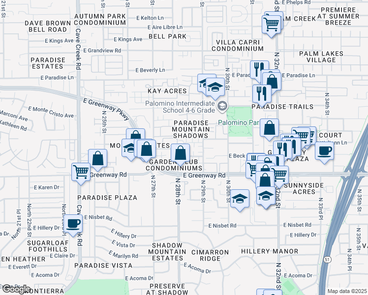 map of restaurants, bars, coffee shops, grocery stores, and more near 2827 East Waltann Lane in Phoenix