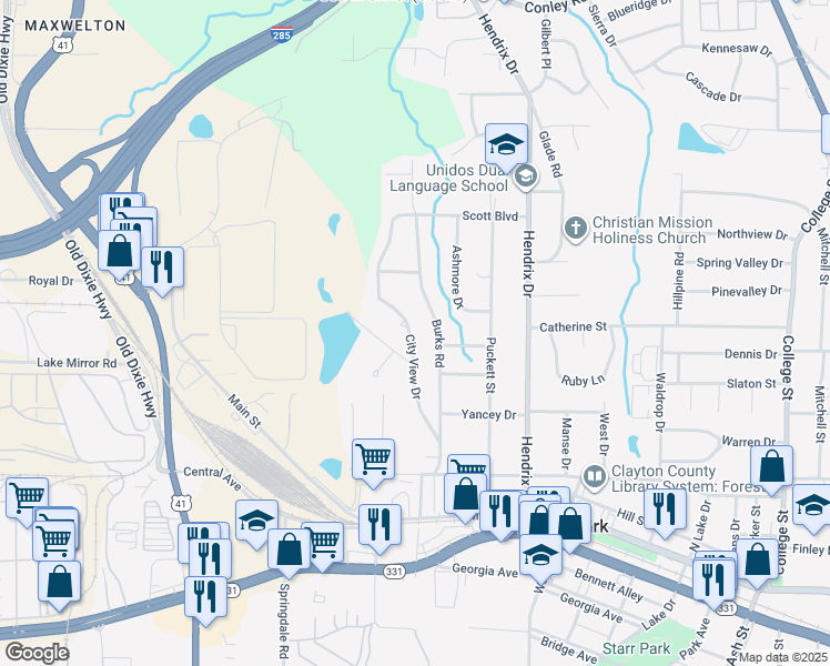 map of restaurants, bars, coffee shops, grocery stores, and more near 4632 City View Drive in Forest Park