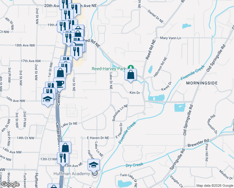 map of restaurants, bars, coffee shops, grocery stores, and more near 440 Argonne Drive Northeast in Center Point