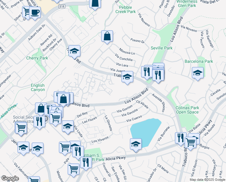 map of restaurants, bars, coffee shops, grocery stores, and more near 26418 Via Roble in Mission Viejo