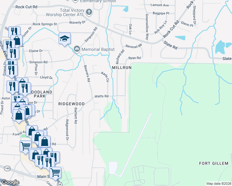 map of restaurants, bars, coffee shops, grocery stores, and more near 4635 Richard Road in Conley