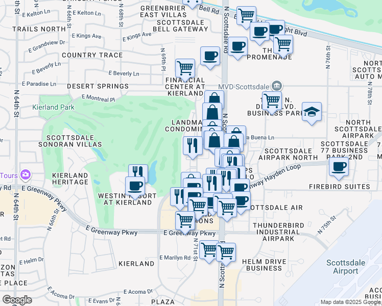map of restaurants, bars, coffee shops, grocery stores, and more near 15608 North 71st Street in Scottsdale