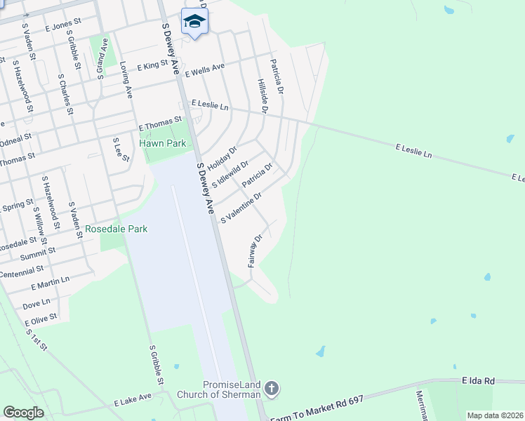 map of restaurants, bars, coffee shops, grocery stores, and more near 1505 Linda Lane in Sherman