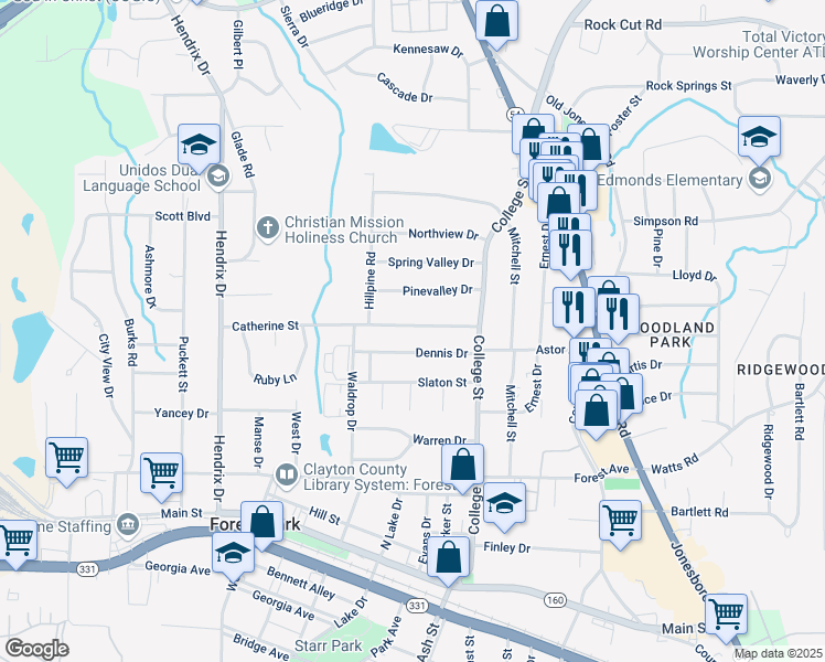 map of restaurants, bars, coffee shops, grocery stores, and more near 823 Catherine Street in Forest Park