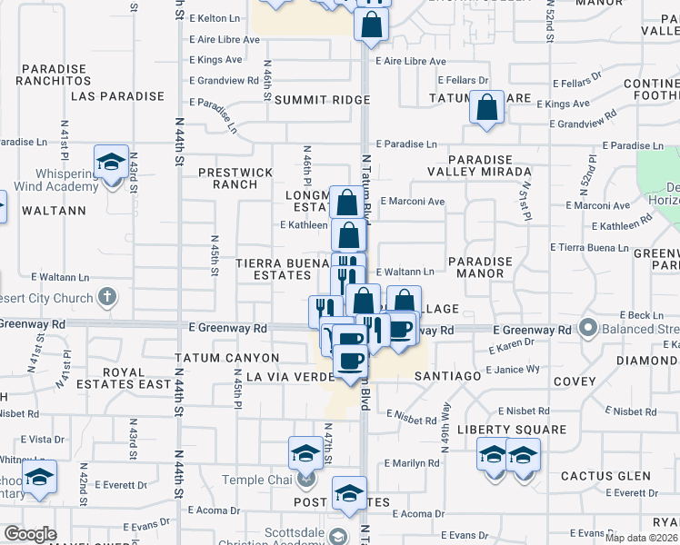 map of restaurants, bars, coffee shops, grocery stores, and more near 15619 North 47th Street in Phoenix