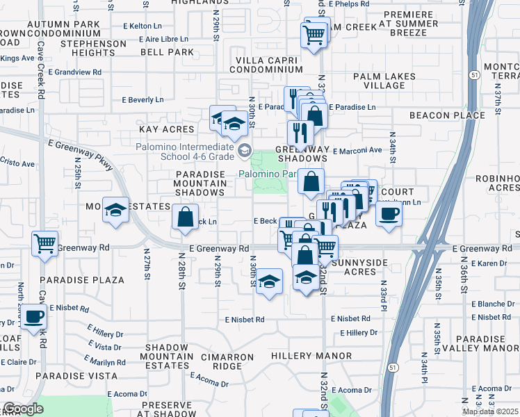 map of restaurants, bars, coffee shops, grocery stores, and more near in Phoenix