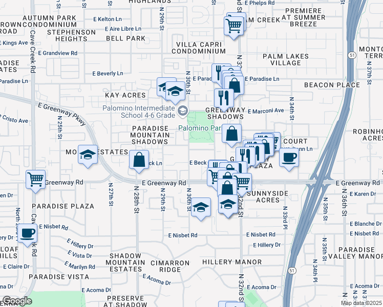 map of restaurants, bars, coffee shops, grocery stores, and more near in Phoenix