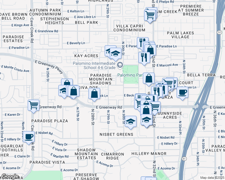 map of restaurants, bars, coffee shops, grocery stores, and more near 15610 North 29th Street in Phoenix