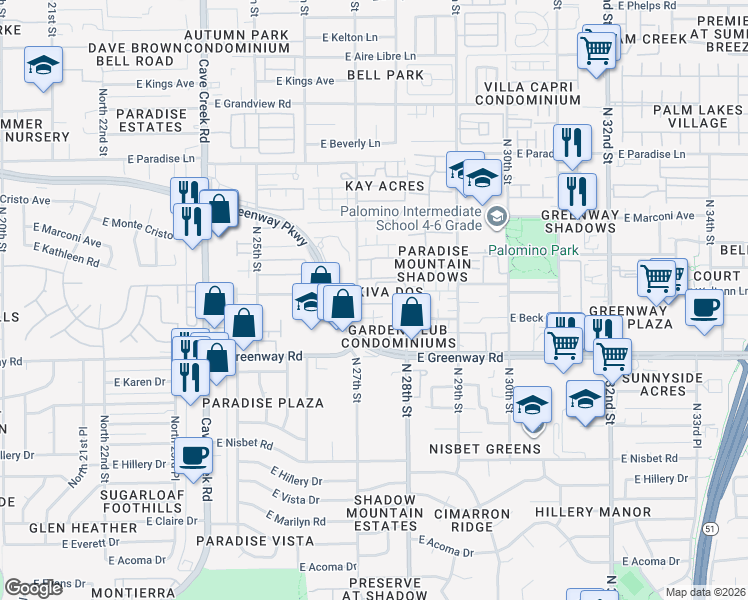 map of restaurants, bars, coffee shops, grocery stores, and more near 15601 North 27th Street in Phoenix