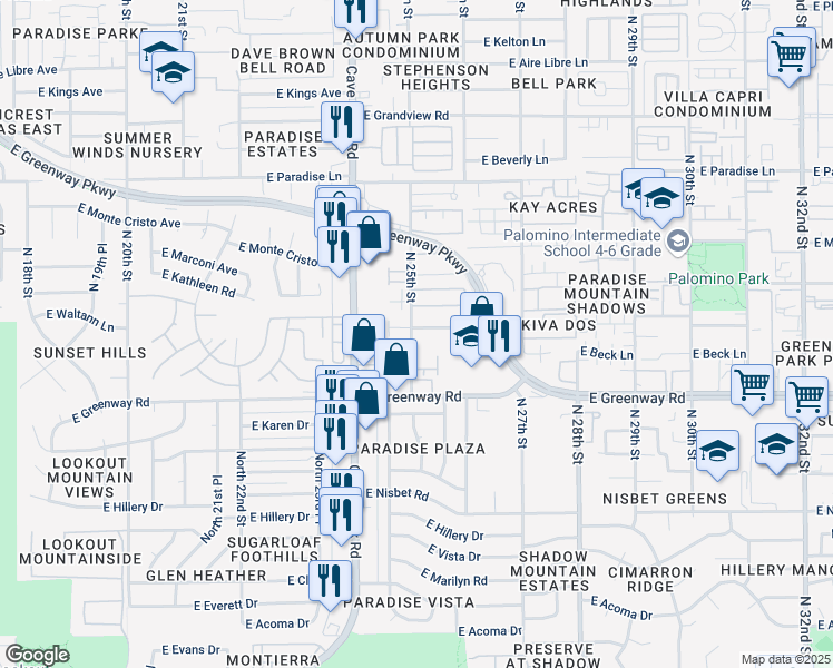 map of restaurants, bars, coffee shops, grocery stores, and more near 2439 East Waltann Lane in Phoenix