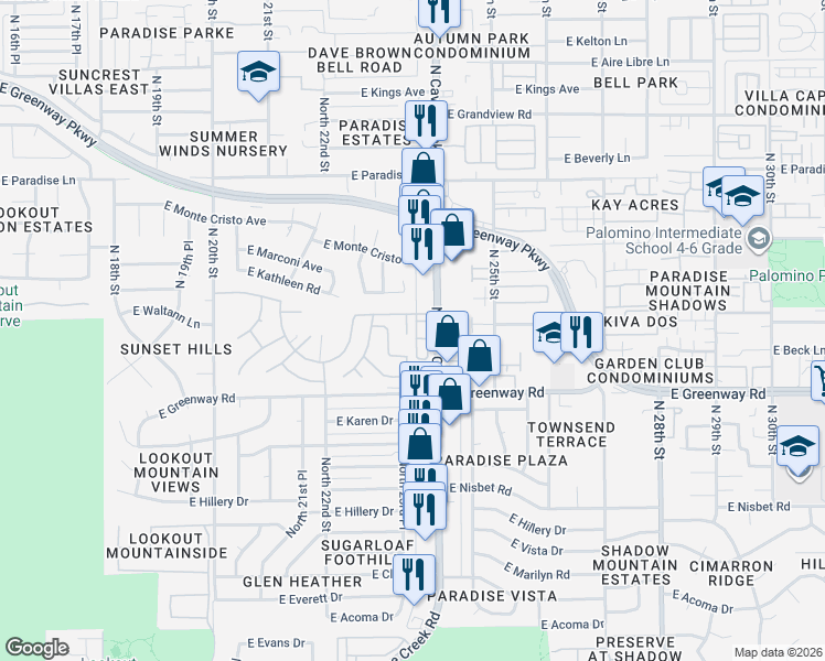 map of restaurants, bars, coffee shops, grocery stores, and more near 15616 North 23rd Place in Phoenix