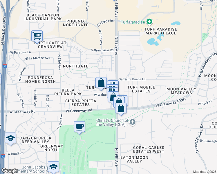 map of restaurants, bars, coffee shops, grocery stores, and more near 15650 North 19th Avenue in Phoenix