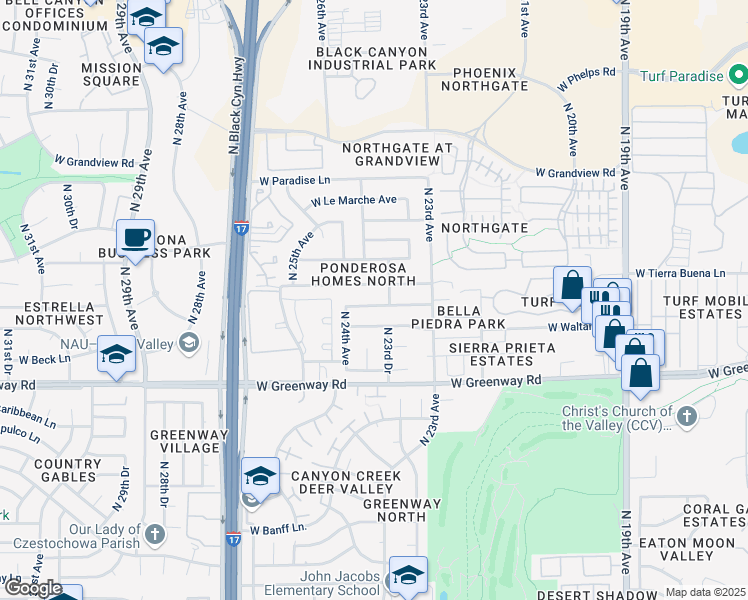 map of restaurants, bars, coffee shops, grocery stores, and more near 2341 West Tierra Buena Lane in Phoenix