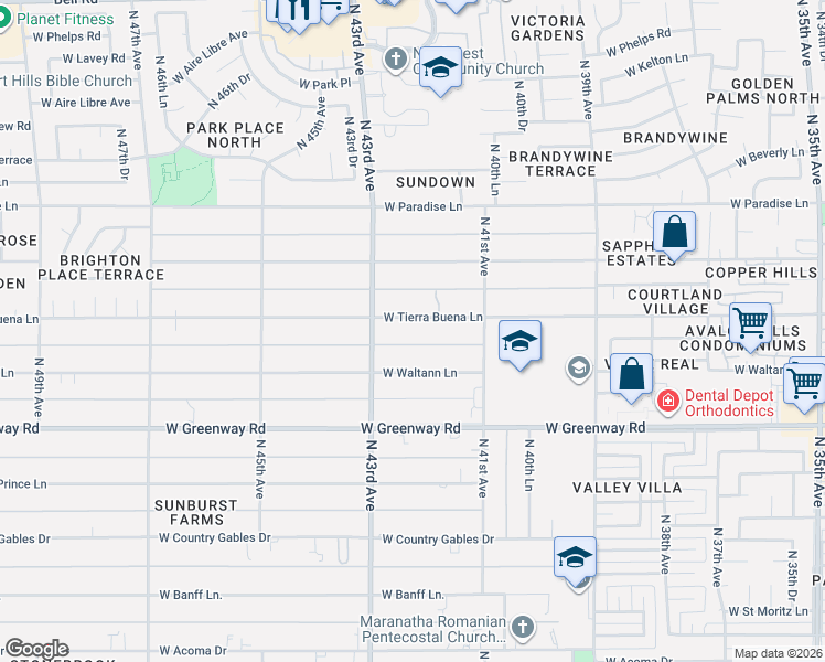map of restaurants, bars, coffee shops, grocery stores, and more near 4151 West Tierra Buena Lane in Phoenix