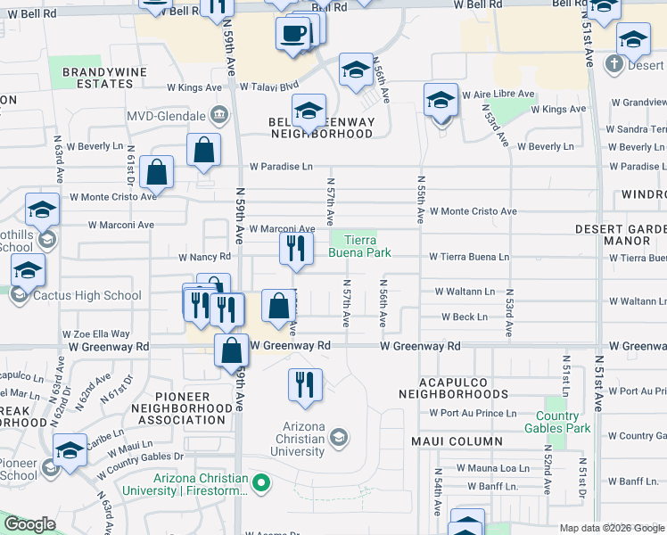 map of restaurants, bars, coffee shops, grocery stores, and more near 5639 West Tierra Buena Lane in Glendale