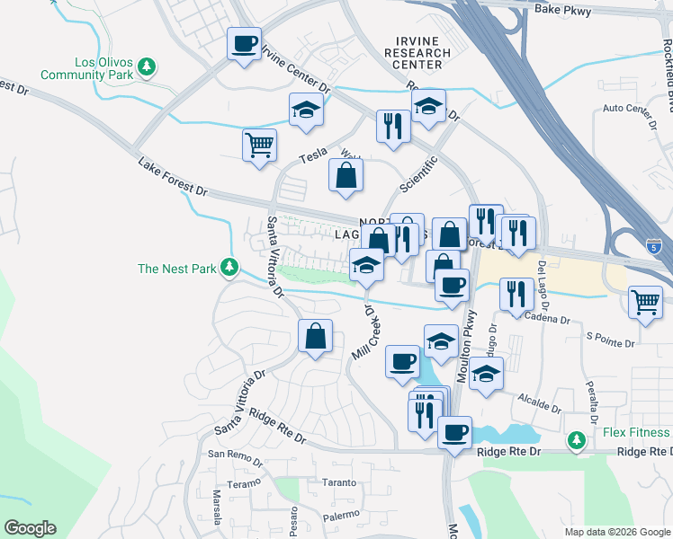 map of restaurants, bars, coffee shops, grocery stores, and more near 22996 Caminito Mar in Laguna Hills