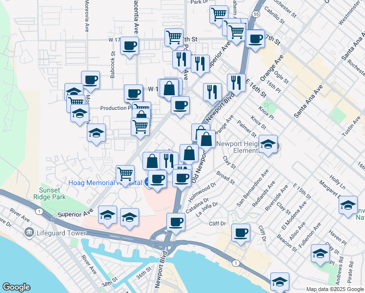 map of restaurants, bars, coffee shops, grocery stores, and more near 4201 Dana Road in Newport Beach