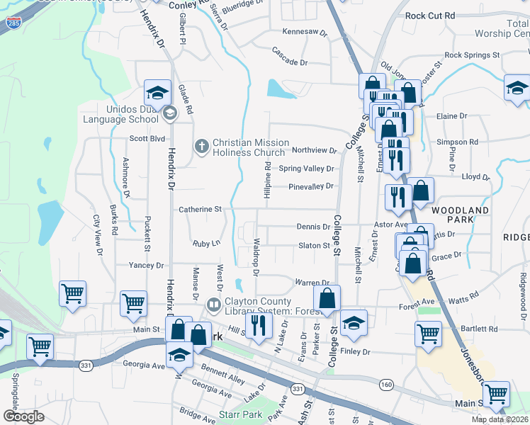 map of restaurants, bars, coffee shops, grocery stores, and more near 765 Catherine Street in Forest Park