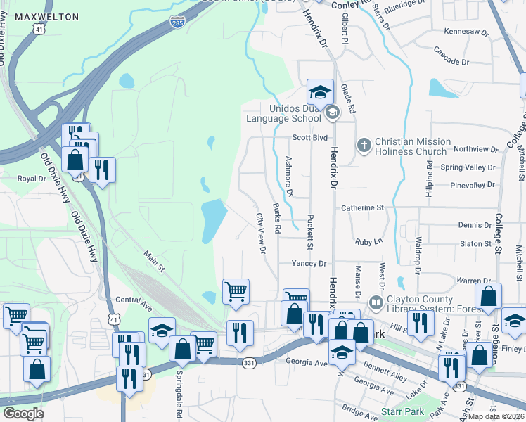 map of restaurants, bars, coffee shops, grocery stores, and more near 4632 City View Drive in Forest Park