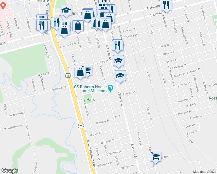 map of restaurants, bars, coffee shops, grocery stores, and more near 113 West Moore Street in Sherman