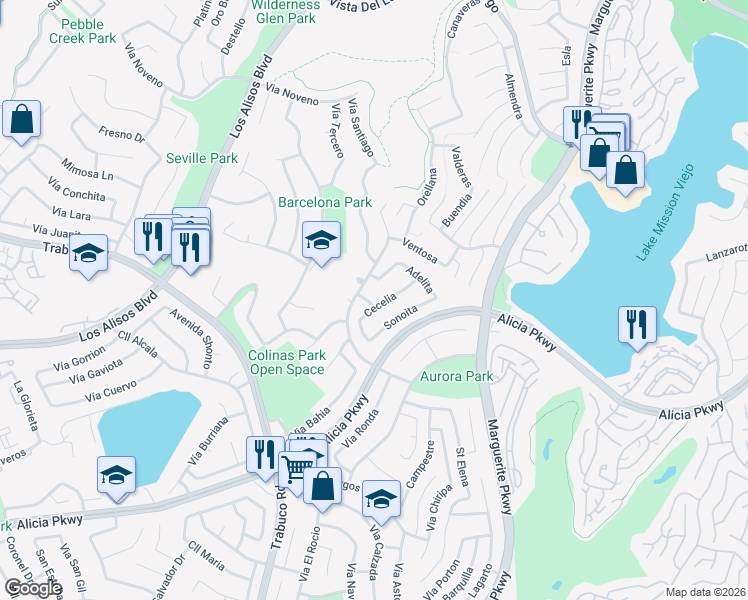 map of restaurants, bars, coffee shops, grocery stores, and more near 23035 Cecelia in Mission Viejo