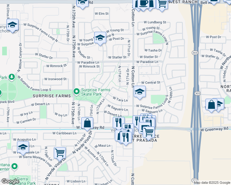 map of restaurants, bars, coffee shops, grocery stores, and more near 17251 West Ironwood Street in Surprise
