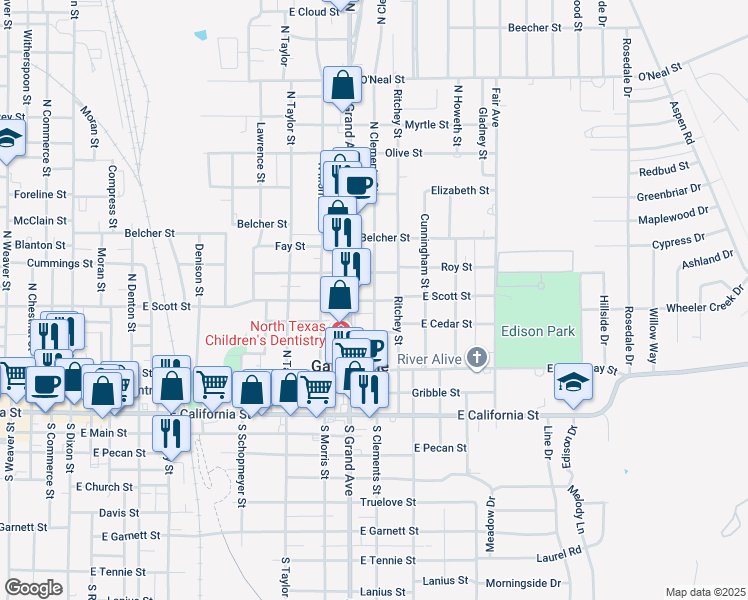 map of restaurants, bars, coffee shops, grocery stores, and more near 501 N Clements St in Gainesville