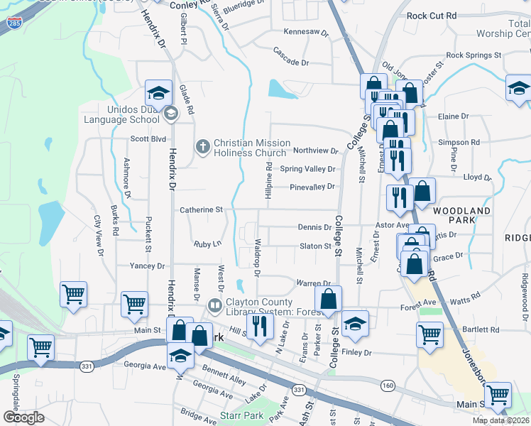 map of restaurants, bars, coffee shops, grocery stores, and more near 765 Catherine Street in Forest Park