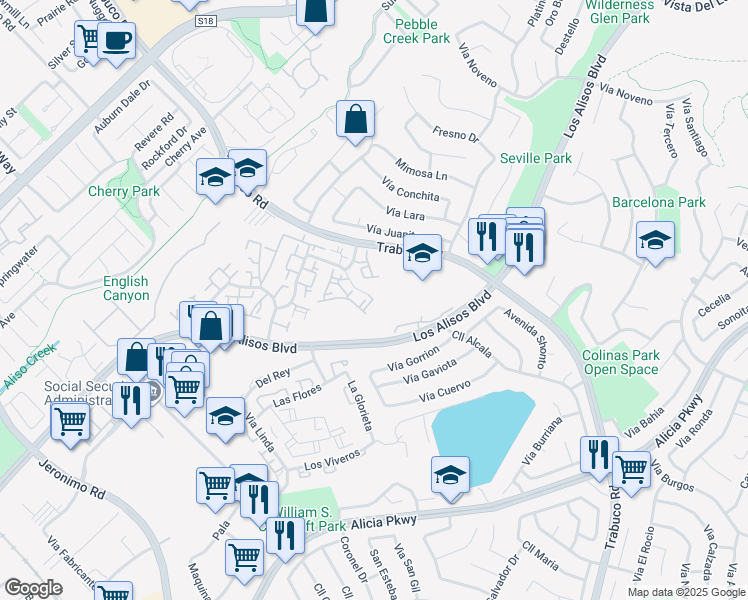 map of restaurants, bars, coffee shops, grocery stores, and more near 26418 Vía Roble in Mission Viejo