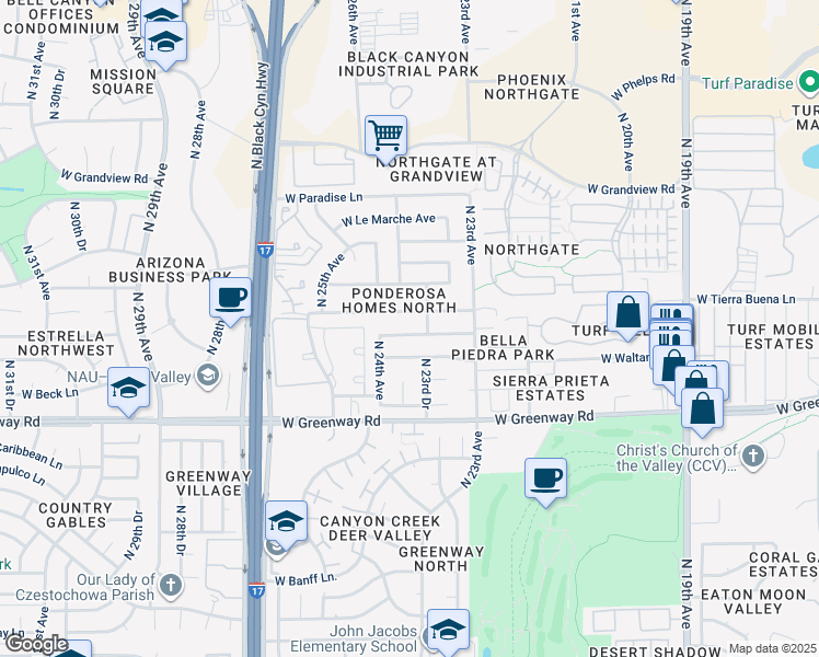 map of restaurants, bars, coffee shops, grocery stores, and more near 2341 West Tierra Buena Lane in Phoenix