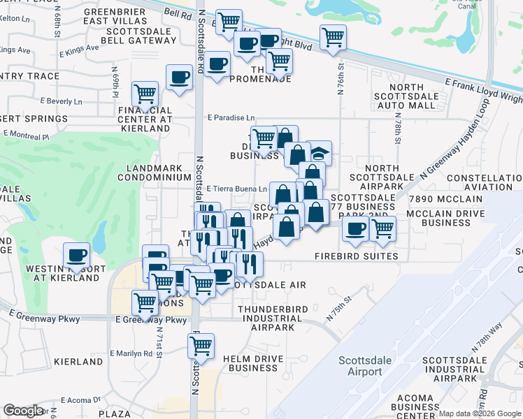 map of restaurants, bars, coffee shops, grocery stores, and more near 15446 North Greenway Hayden Loop in Scottsdale