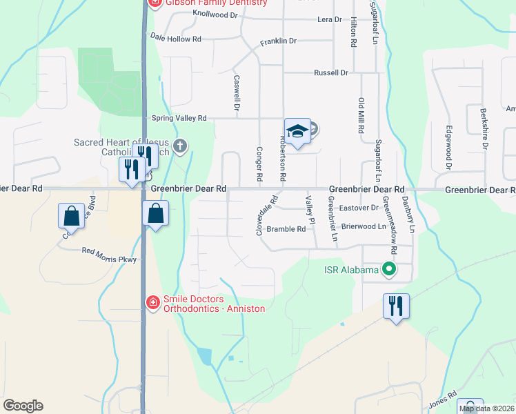 map of restaurants, bars, coffee shops, grocery stores, and more near 1504 Cloverdale Road in Anniston