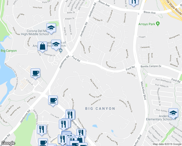 map of restaurants, bars, coffee shops, grocery stores, and more near 11 Rue Biarritz in Newport Beach