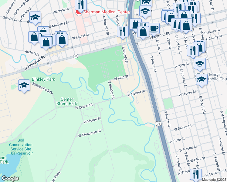 map of restaurants, bars, coffee shops, grocery stores, and more near 626 South Binkley Street in Sherman