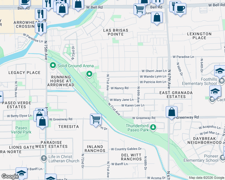 map of restaurants, bars, coffee shops, grocery stores, and more near 7035 West Nancy Road in Peoria