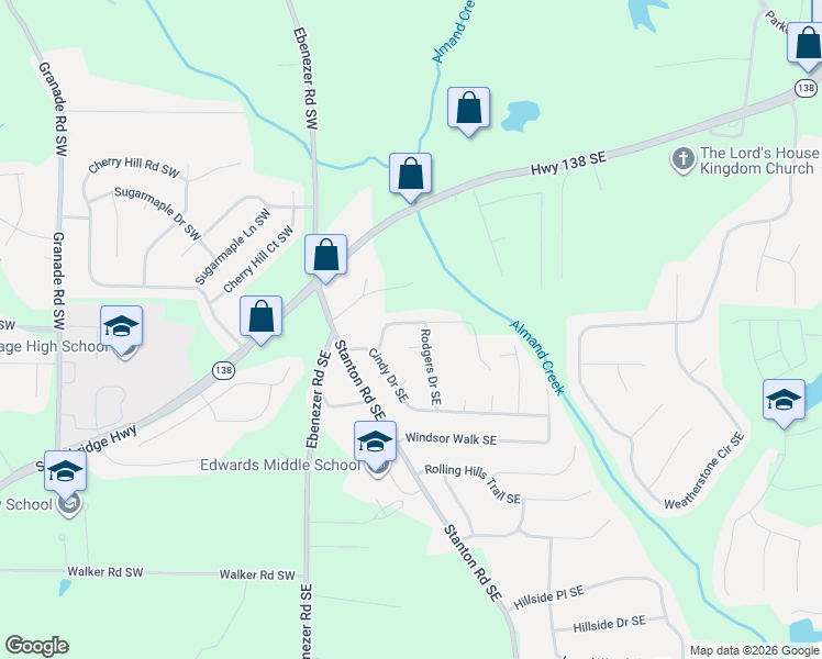 map of restaurants, bars, coffee shops, grocery stores, and more near 307 Morris Drive Southeast in Conyers