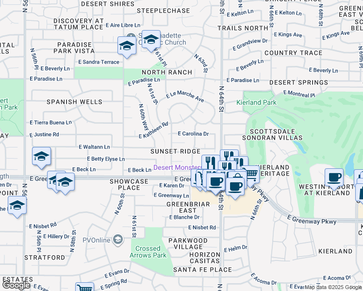 map of restaurants, bars, coffee shops, grocery stores, and more near 6225 East Justine Road in Scottsdale