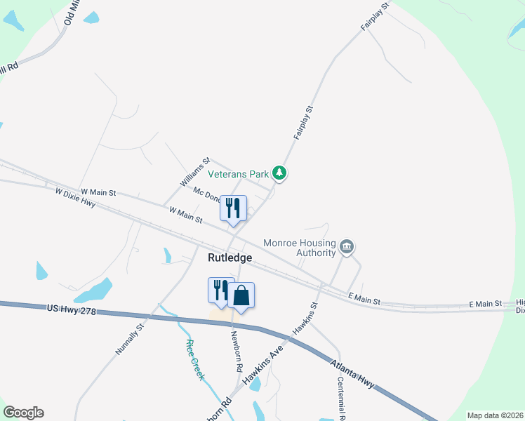 map of restaurants, bars, coffee shops, grocery stores, and more near 184 Fairplay Street in Rutledge