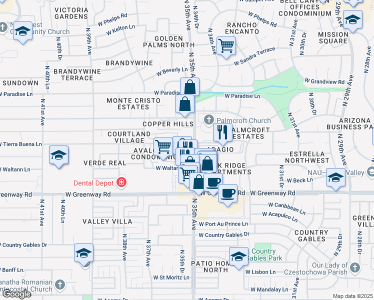 map of restaurants, bars, coffee shops, grocery stores, and more near 15648 North 35th Avenue in Phoenix