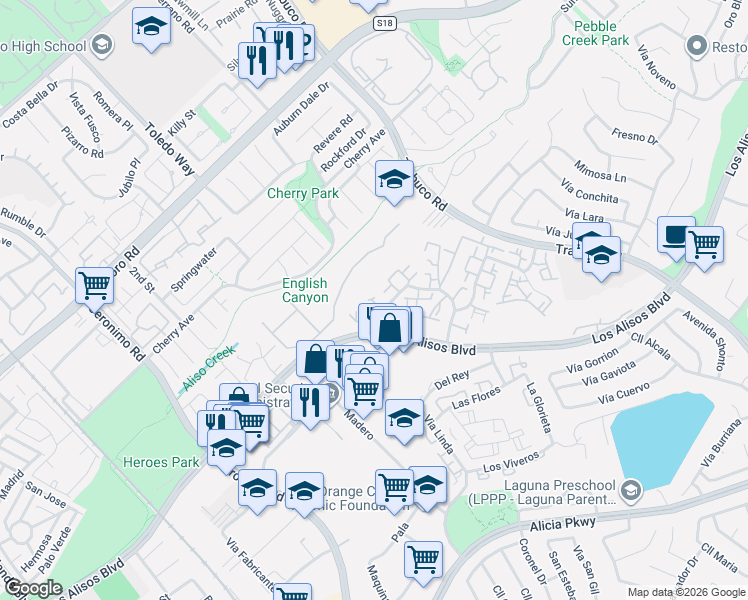 map of restaurants, bars, coffee shops, grocery stores, and more near 25907 Via Pera in Mission Viejo