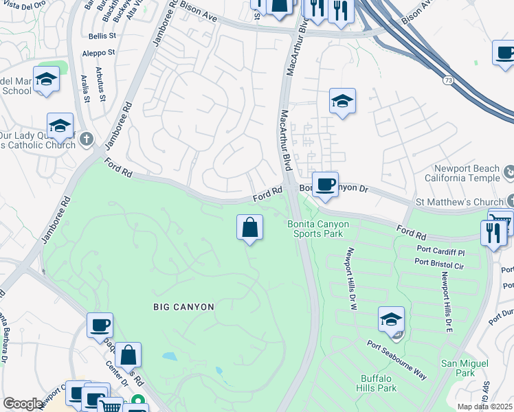 map of restaurants, bars, coffee shops, grocery stores, and more near 203 Bay Hill Drive in Newport Beach