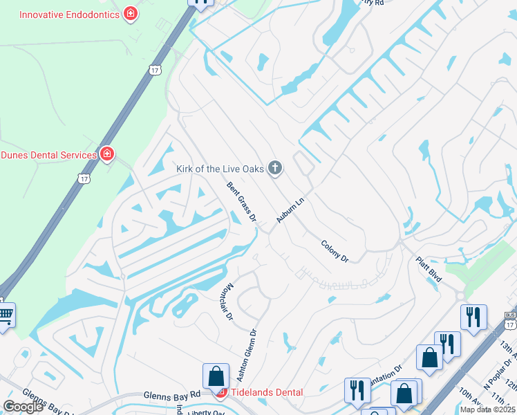 map of restaurants, bars, coffee shops, grocery stores, and more near 1936 Bent Grass Drive in Myrtle Beach