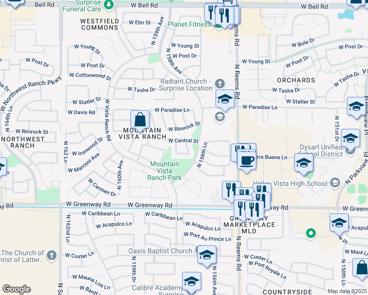 map of restaurants, bars, coffee shops, grocery stores, and more near 16139 North 157th Drive in Surprise