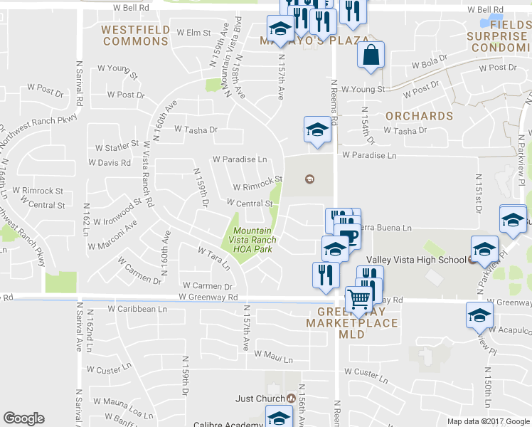 map of restaurants, bars, coffee shops, grocery stores, and more near 16139 North 157th Drive in Surprise