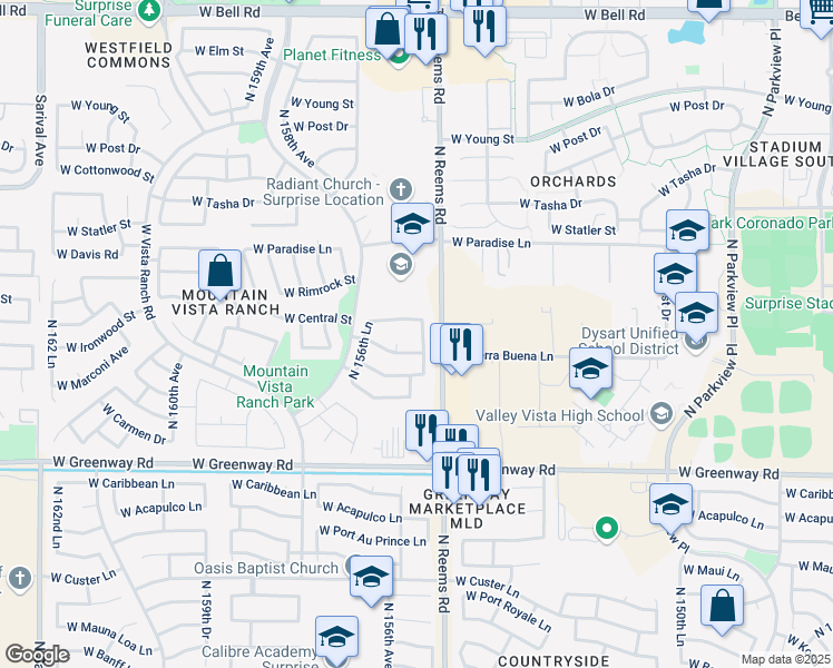 map of restaurants, bars, coffee shops, grocery stores, and more near 15818 North 155th Drive in Surprise