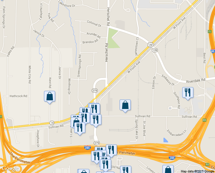 map of restaurants, bars, coffee shops, grocery stores, and more near 2546 Roosevelt Highway in College Park