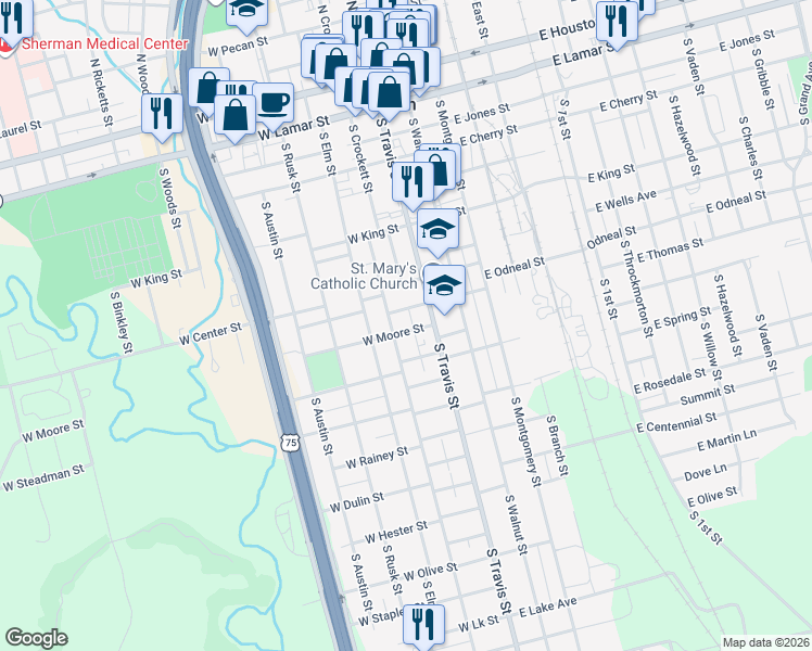 map of restaurants, bars, coffee shops, grocery stores, and more near 131 West Moore Street in Sherman