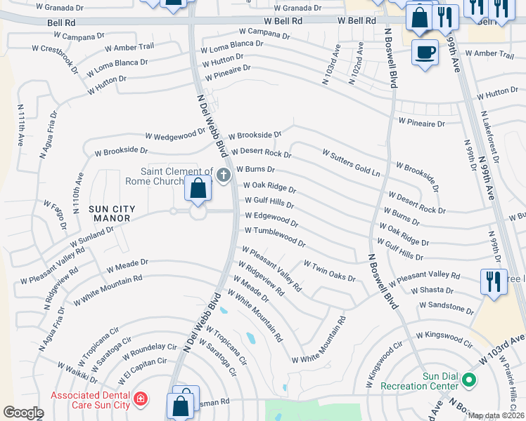 map of restaurants, bars, coffee shops, grocery stores, and more near 10602 West Edgewood Drive in Sun City