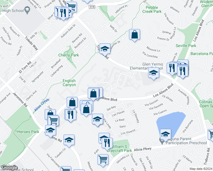 map of restaurants, bars, coffee shops, grocery stores, and more near 23017 Vía Pimiento in Mission Viejo